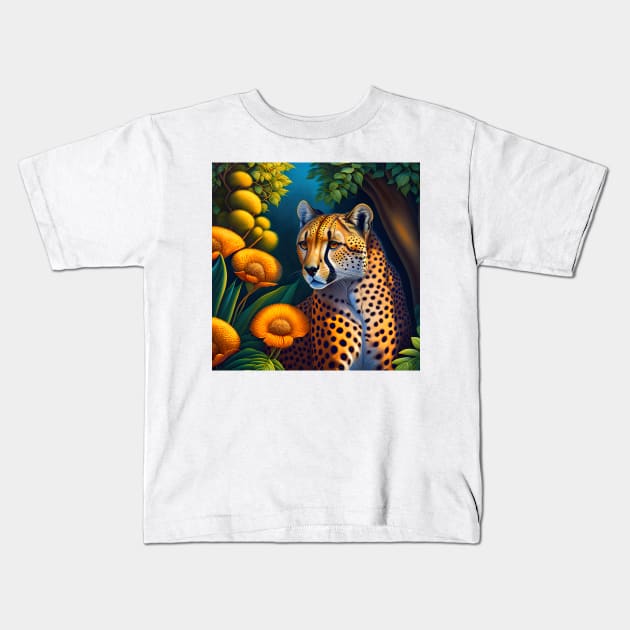 Cheetah Flowers Kids T-Shirt by adorcharm